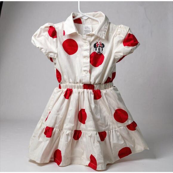 Disney Minnie Mouse Red Polka Dot Collared Button Dress Girls Size 2 Cotton - Picture 1 of 11